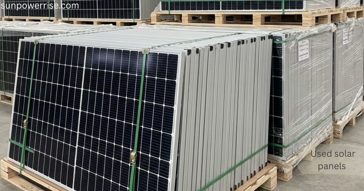 Stacked used solar panels prepared for recycling, resale, and sustainable energy projects.
