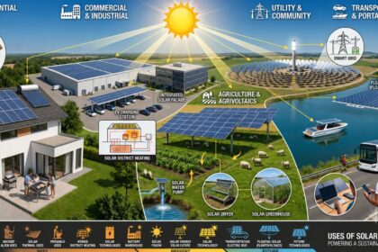 Uses of solar energy across homes, businesses, agriculture, transport, and utilities.