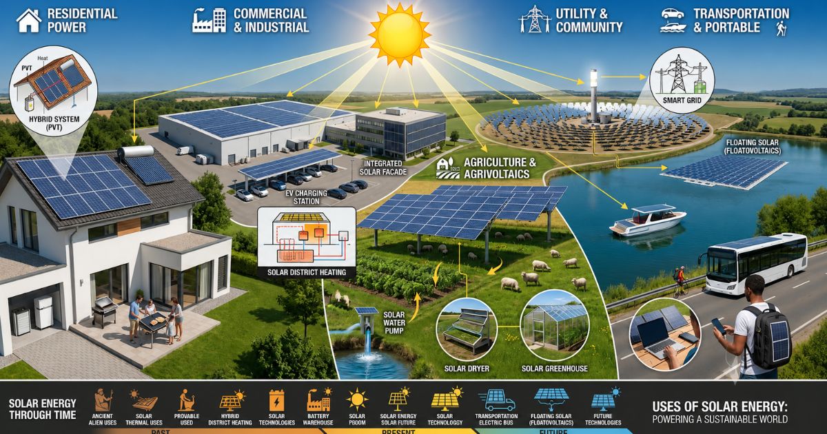 Uses of solar energy across homes, businesses, agriculture, transport, and utilities.