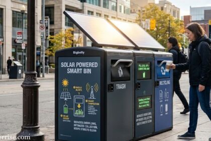 Smart solar recycling bins demonstrating what do solar bins do with built-in compactors, sensors, and solar panels.