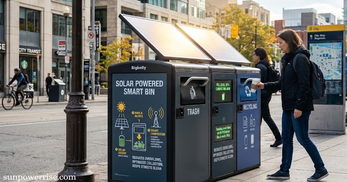 Smart solar recycling bins demonstrating what do solar bins do with built-in compactors, sensors, and solar panels.