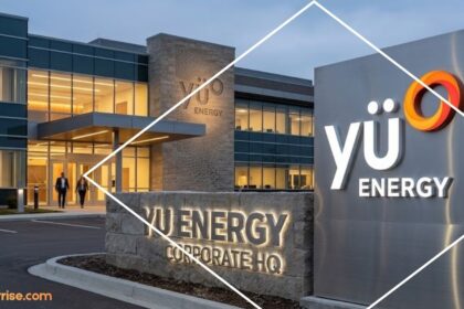 YU Energy corporate headquarters building with illuminated company signage at the entrance.