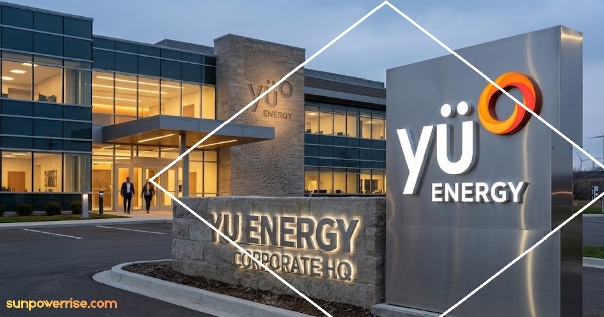 YU Energy corporate headquarters building with illuminated company signage at the entrance.