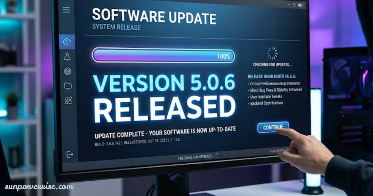 5.0.6 software update released on a computer screen with an update progress bar.
