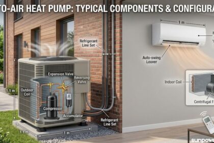 Air to air heat pump system showing outdoor and indoor units, refrigerant lines, compressor, coils, and key components.