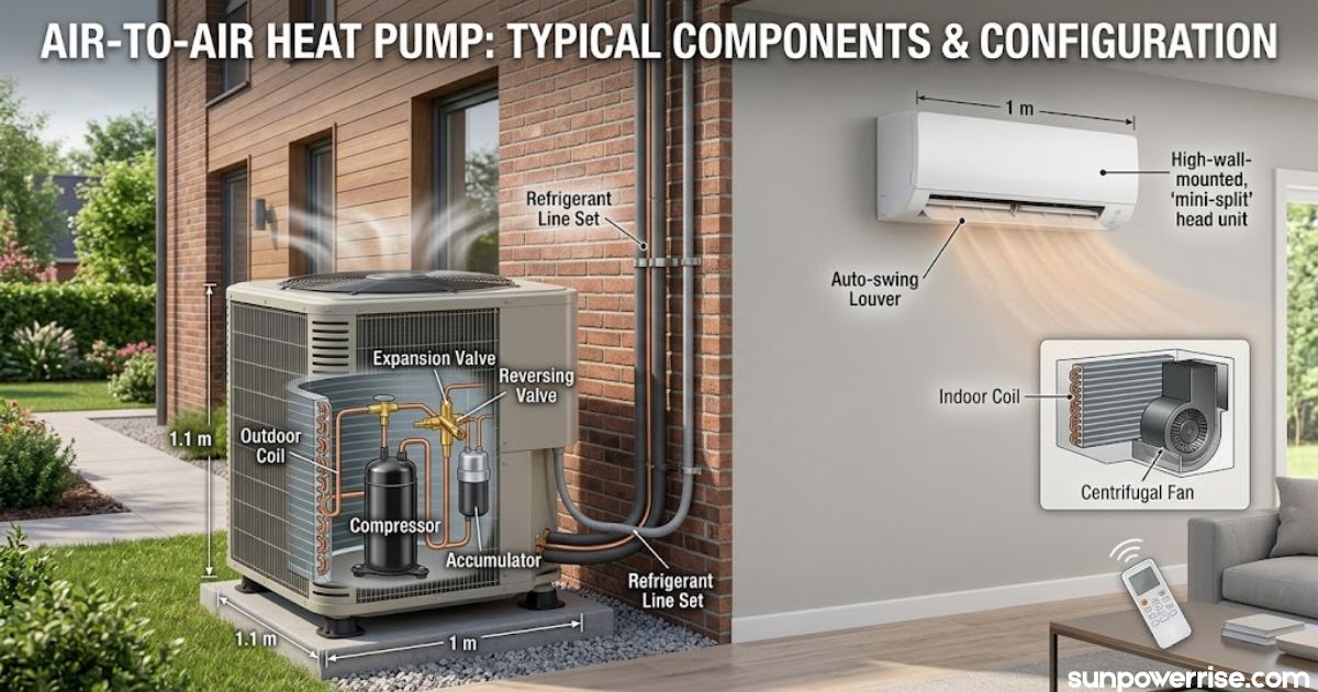 Air to air heat pump system showing outdoor and indoor units, refrigerant lines, compressor, coils, and key components.
