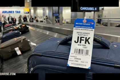 Airlines tag attached to luggage at an airport baggage carousel.