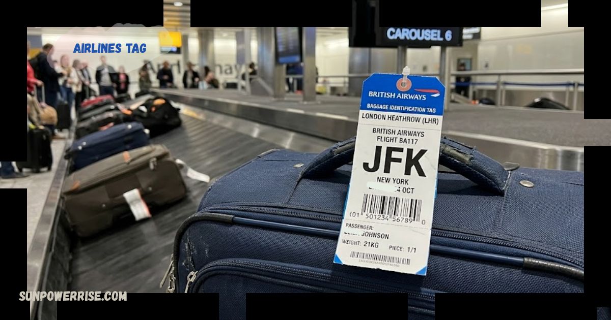 Airlines tag attached to luggage at an airport baggage carousel.
