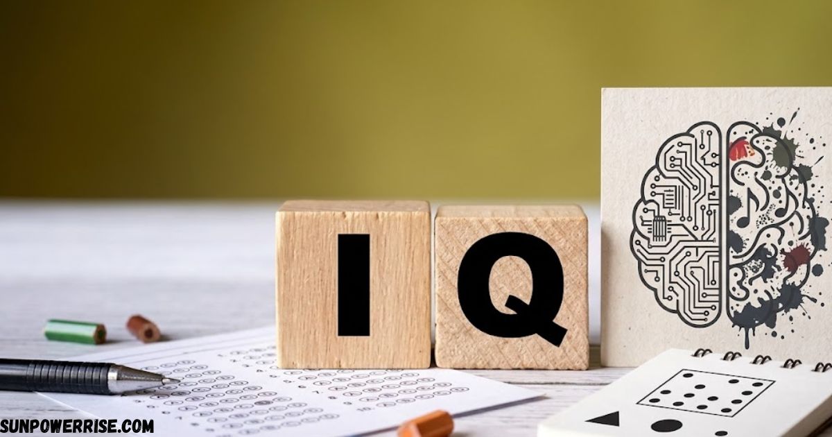 Average IQ UK represented by IQ assessment blocks and cognitive testing materials.