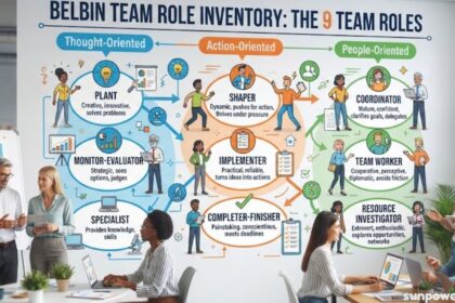 Belbin team role inventory infographic showing nine team roles across thought-oriented, action-oriented, and people-oriented categories.