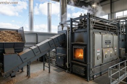 Industrial biomass energy boiler burning wood chips for renewable heat
