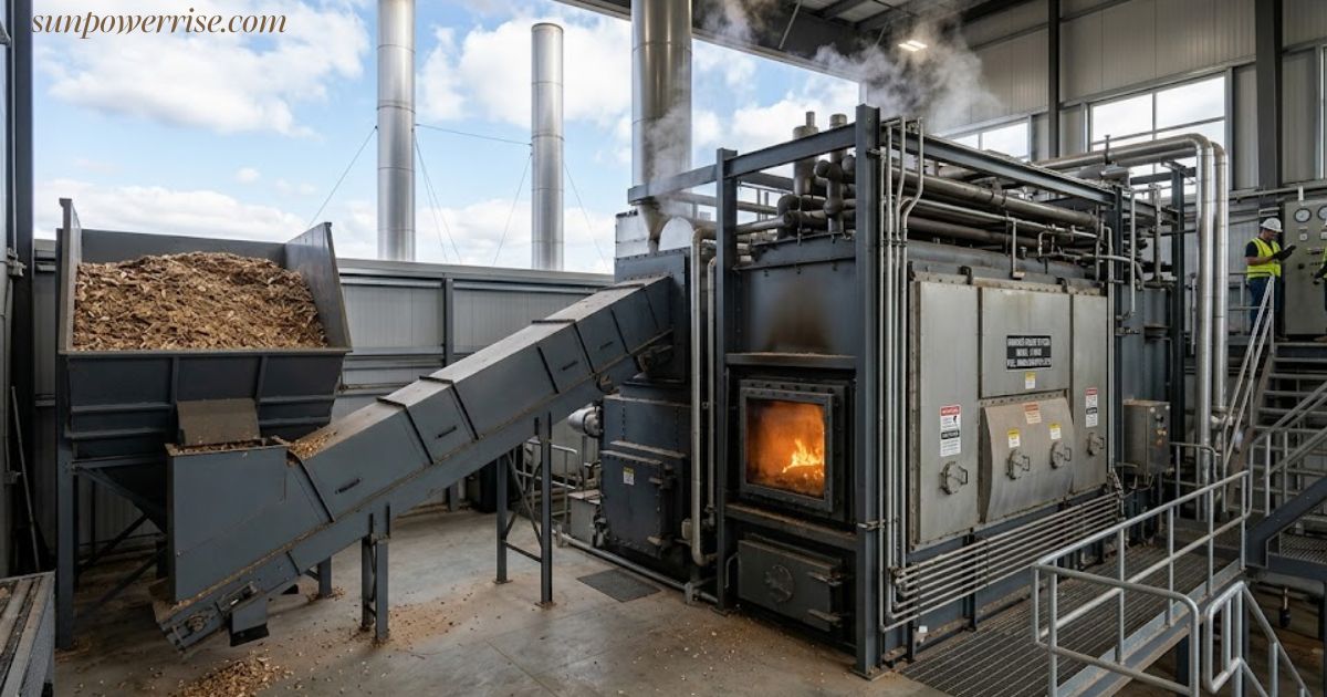 Industrial biomass energy boiler burning wood chips for renewable heat