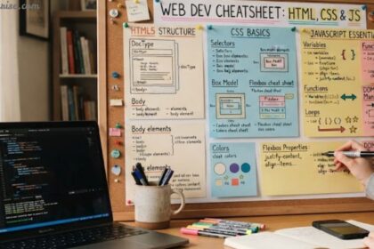 Cheatsheet Maker with a web development cheatsheet showing HTML, CSS, and JavaScript essentials beside a laptop.