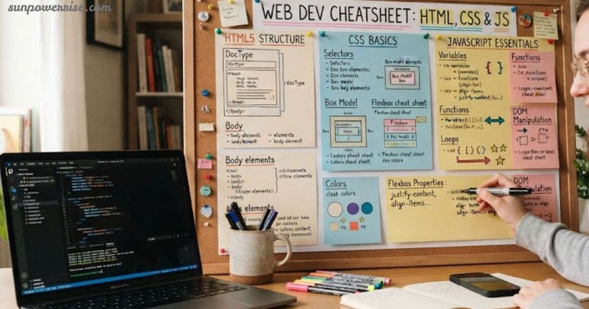 Cheatsheet Maker with a web development cheatsheet showing HTML, CSS, and JavaScript essentials beside a laptop.