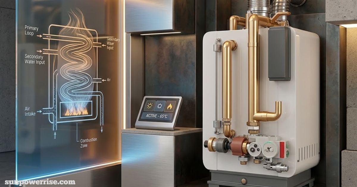 Combi boiler prices guide featuring a modern high-efficiency boiler system with copper pipework and digital temperature controls.