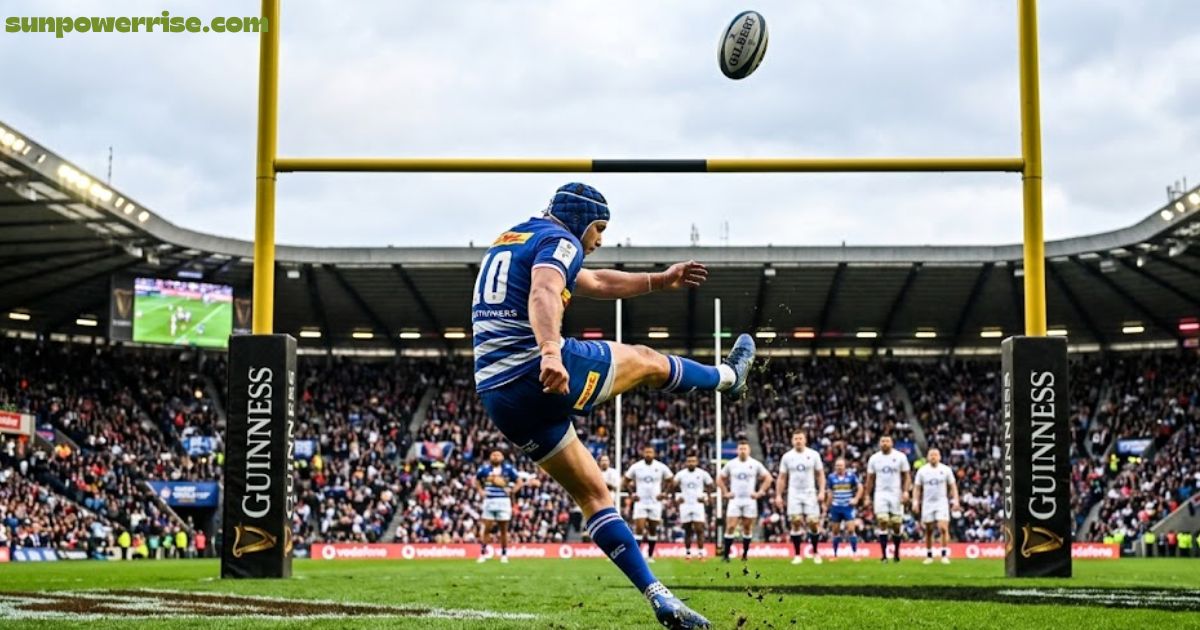 Rugby player taking a conversion kick toward the goalposts.