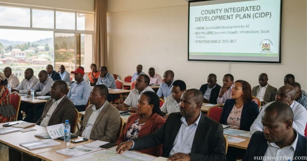 County integrated development plan presented at a community planning meeting with attendees reviewing documents and maps.
