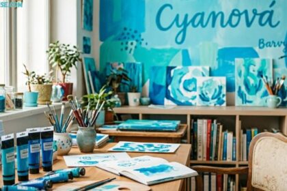 Cyanová artwork displayed in a vibrant art studio