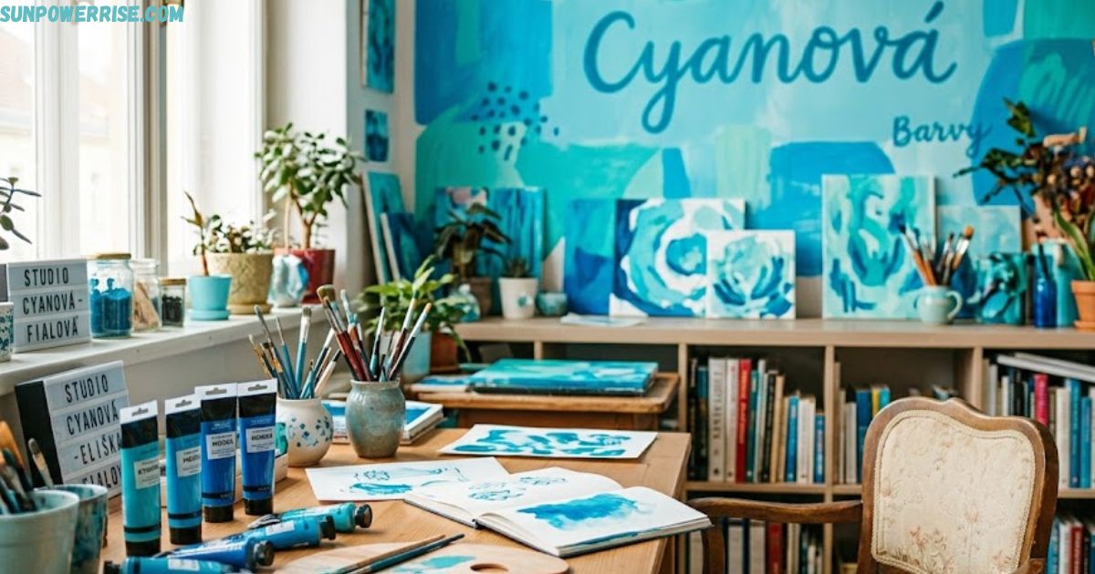 Cyanová artwork displayed in a vibrant art studio