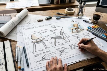 Design drawing of a chair with technical sketches, measurements, and design notes on a workspace.