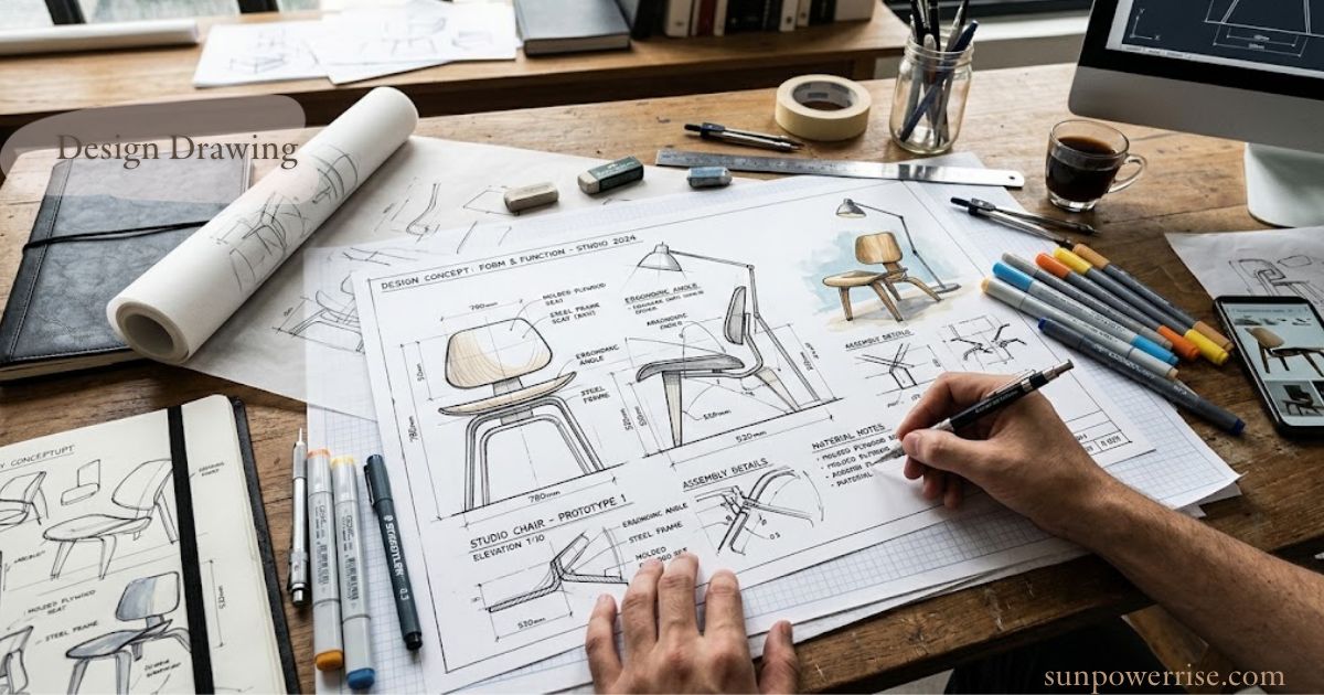 Design drawing of a chair with technical sketches, measurements, and design notes on a workspace.