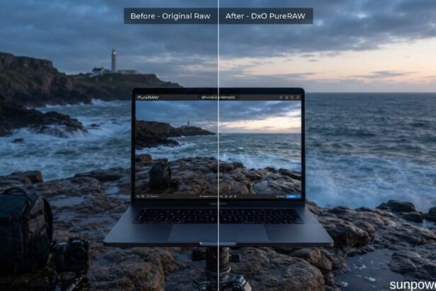 DxO PureRAW processing comparison showing before-and-after improvements to a coastal landscape photo.