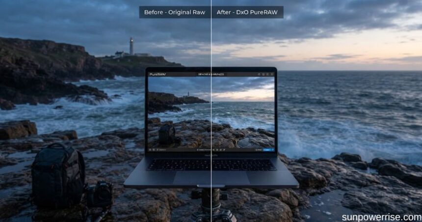 DxO PureRAW processing comparison showing before-and-after improvements to a coastal landscape photo.