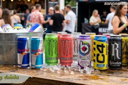 Energy drinks with colorful cans and refreshing beverages for an energy boost.