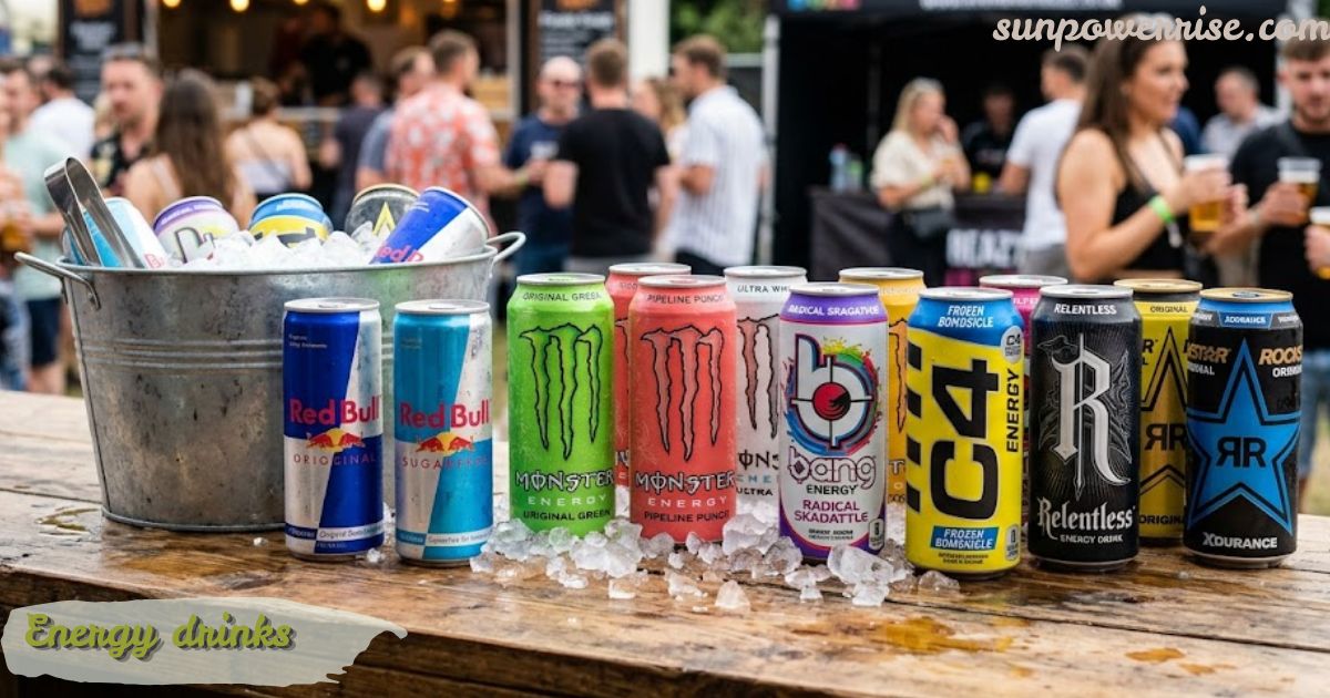 Energy drinks with colorful cans and refreshing beverages for an energy boost.