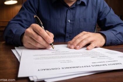 Person signing an Energy Savings Performance Contract document at a desk.