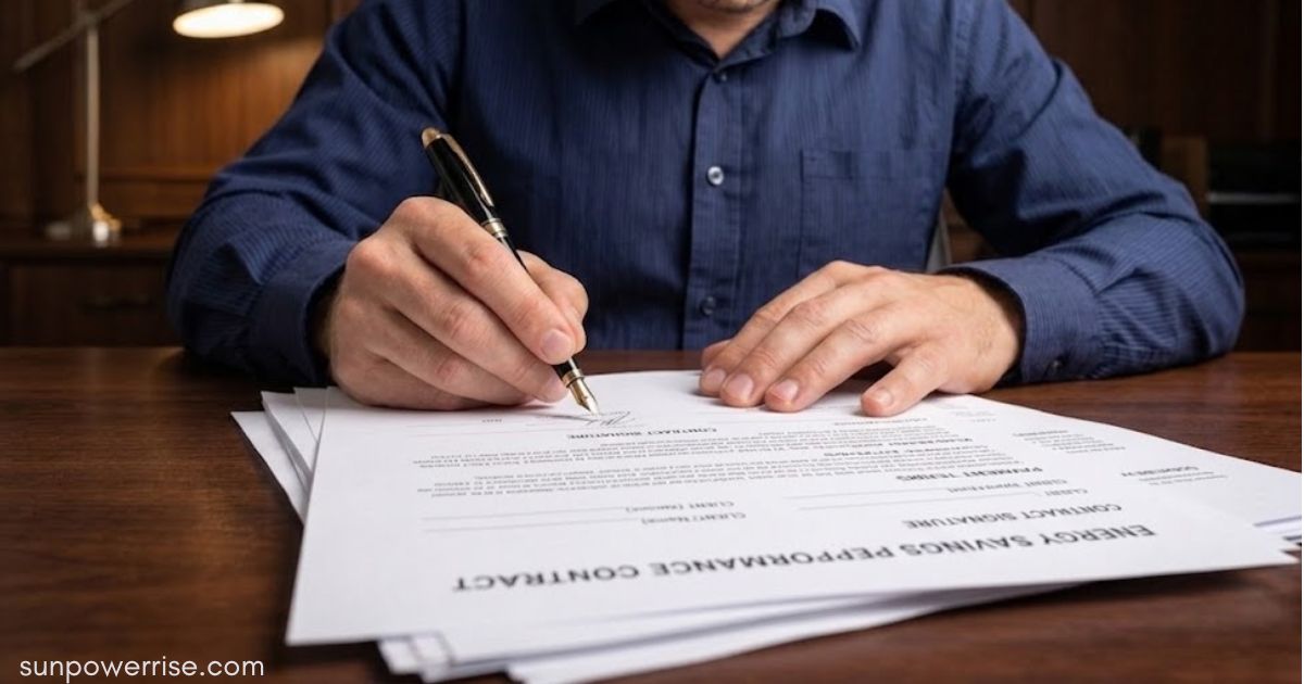 Person signing an Energy Savings Performance Contract document at a desk.
