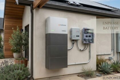 Enphase battery installed on a home exterior wall with solar power equipment.