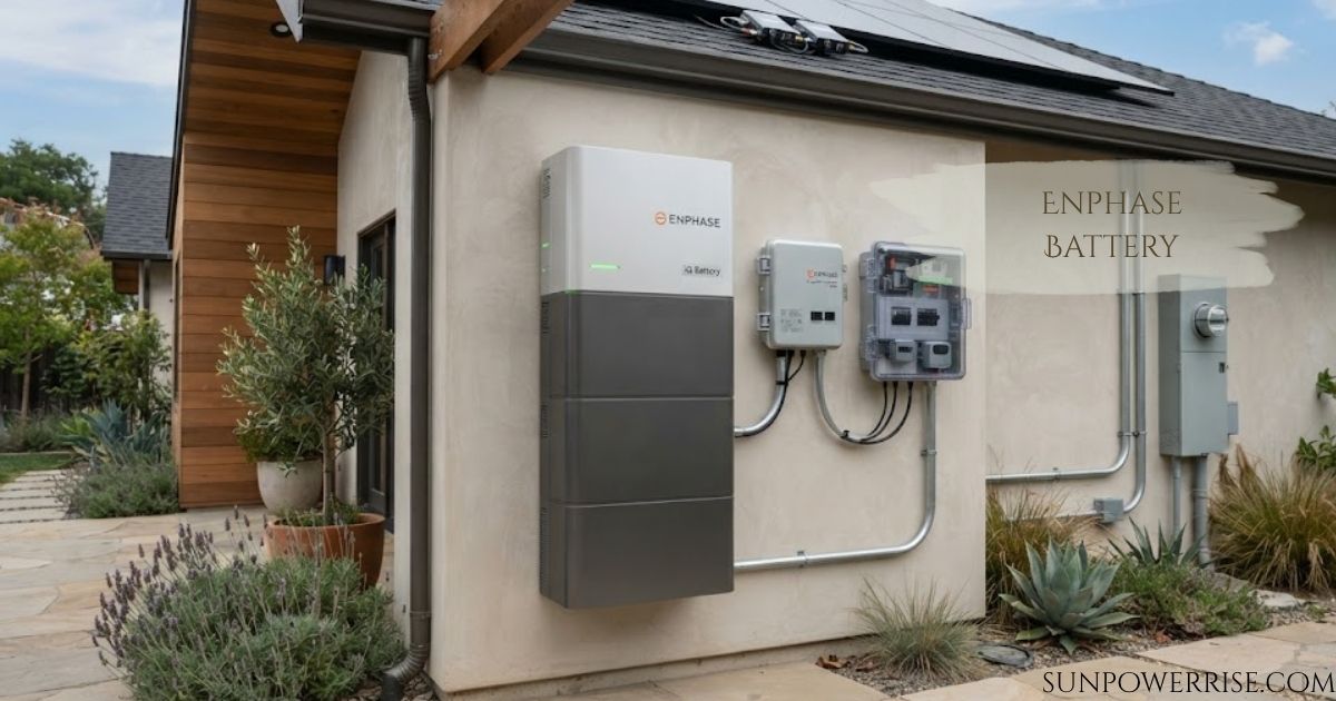 Enphase battery installed on a home exterior wall with solar power equipment.