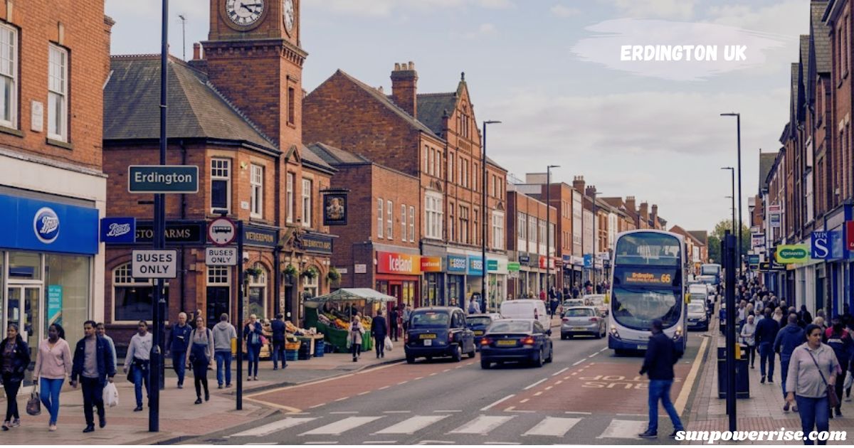 Erdington UK town centre with shops, buses, and busy high street.