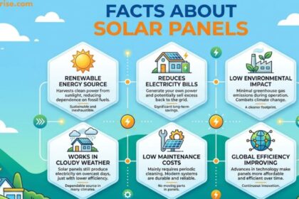 Facts About Solar Panels infographic highlighting renewable energy, lower electricity bills, low maintenance, and environmental benefit