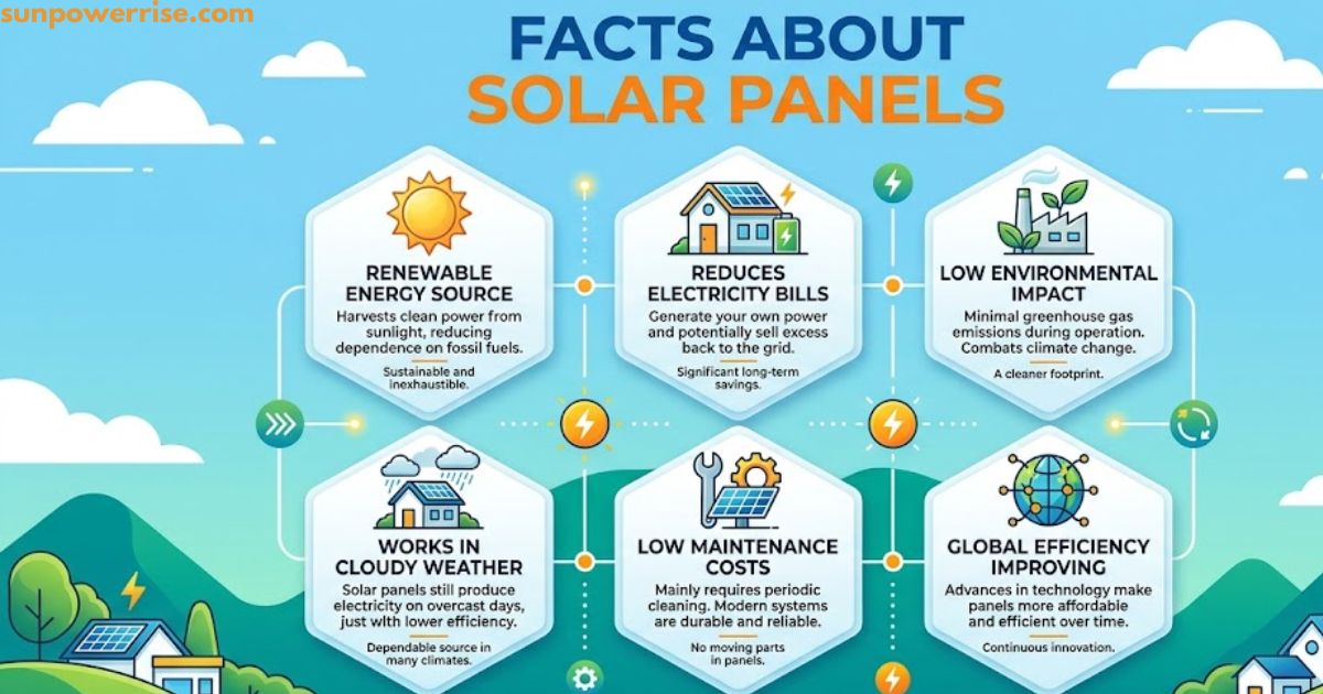 Facts About Solar Panels infographic highlighting renewable energy, lower electricity bills, low maintenance, and environmental benefit