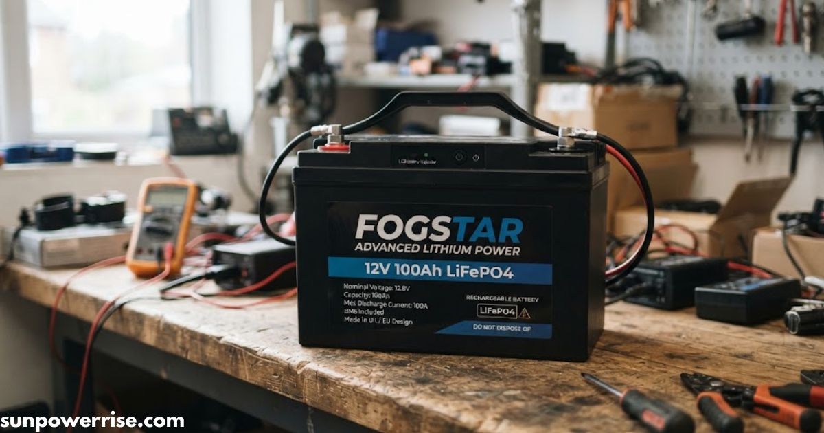 Fogstar battery installed in a workshop with testing equipment