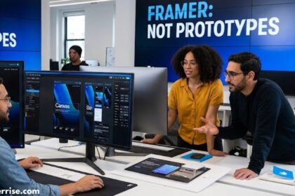 Framer pricing page displayed on computer monitors in a collaborative design studio, with designers discussing Framer’s website design platform.