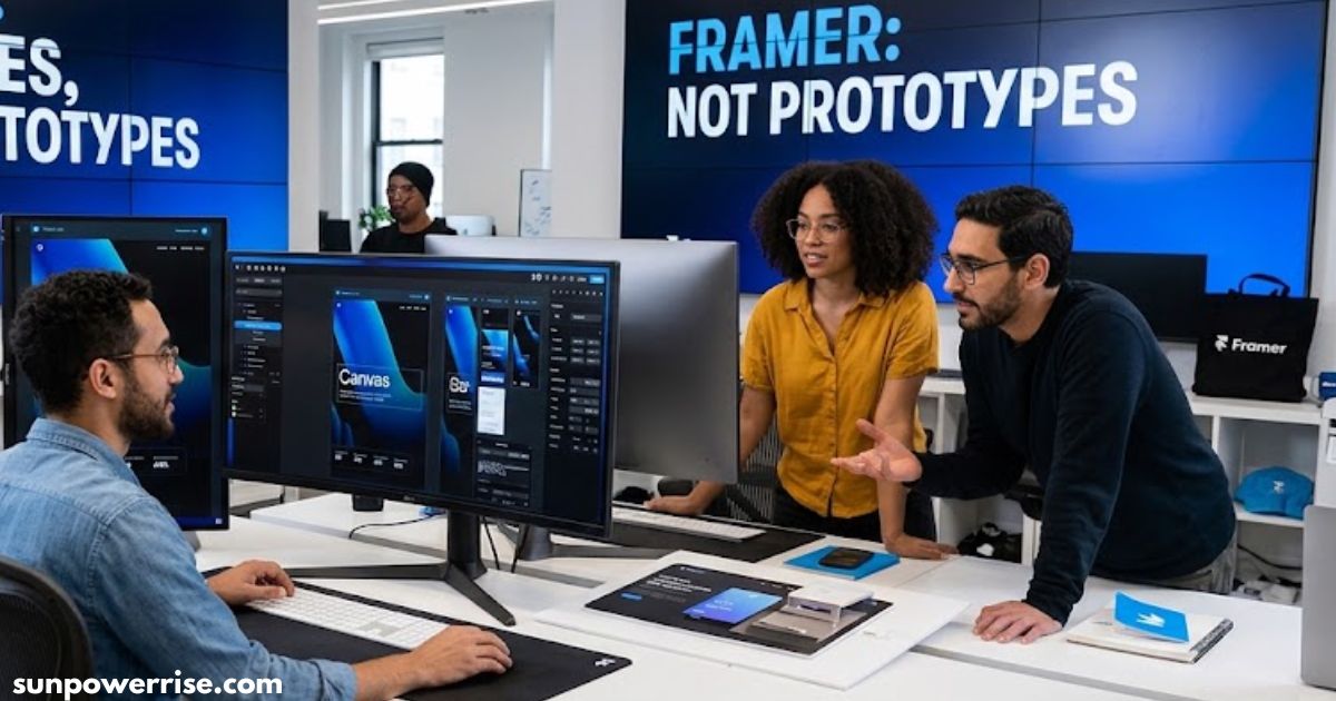 Framer pricing page displayed on computer monitors in a collaborative design studio, with designers discussing Framer’s website design platform.