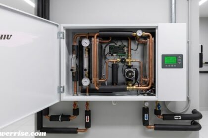 HIU (Heat Interface Unit) installed in a wall-mounted cabinet with copper pipes, valves, gauges, pump, and digital controls.
