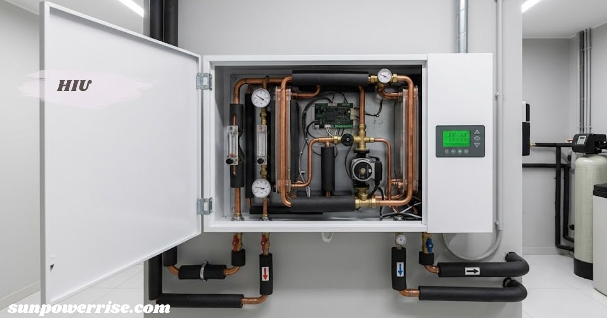 HIU (Heat Interface Unit) installed in a wall-mounted cabinet with copper pipes, valves, gauges, pump, and digital controls.