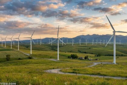 Wind turbines generating renewable energy across a rural landscape, illustrating home wind turbine energy.