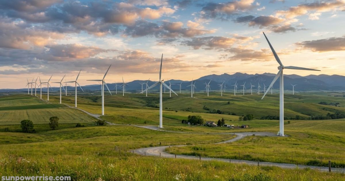 Wind turbines generating renewable energy across a rural landscape, illustrating home wind turbine energy.