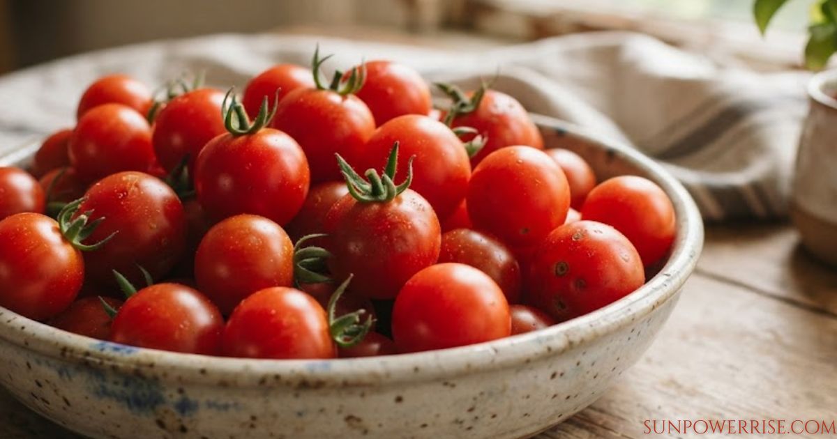 Bowl of fresh tomatoes illustrating how many carbs in tomatoes.