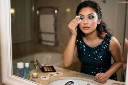 How to remove makeup properly using a cotton pad and cleanser in front of a mirror.