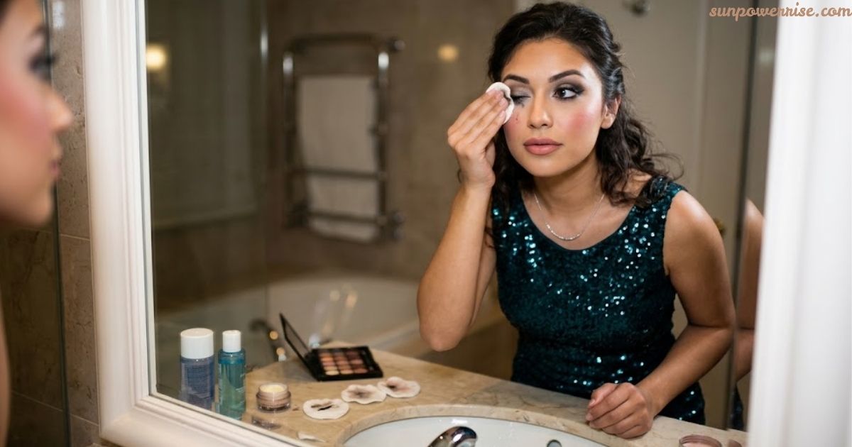 How to remove makeup properly using a cotton pad and cleanser in front of a mirror.