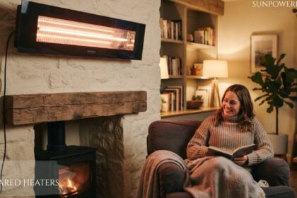 Infrared heater mounted above a fireplace, warming a cosy living room while a woman relaxes in an armchair.