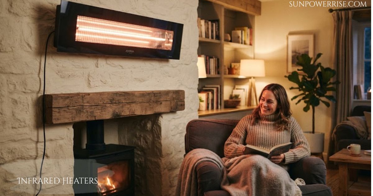 Infrared heater mounted above a fireplace, warming a cosy living room while a woman relaxes in an armchair.