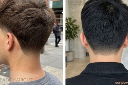 Low fade haircut with short tapered sides and longer textured hair on top, shown from the back.