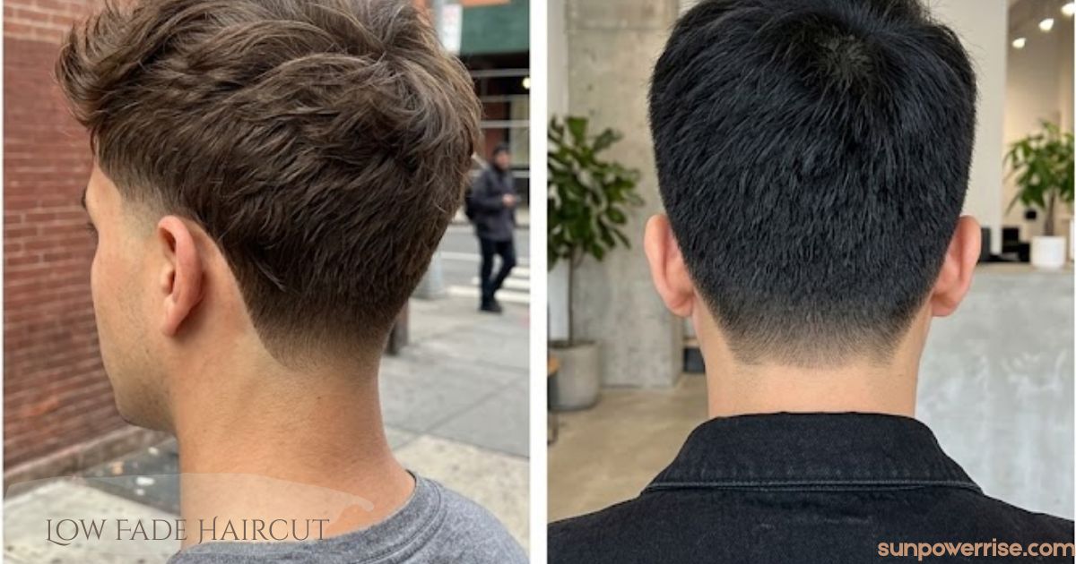 Low fade haircut with short tapered sides and longer textured hair on top, shown from the back.